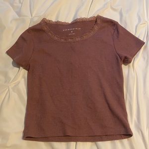 size medium short sleeved purple top, lace neck